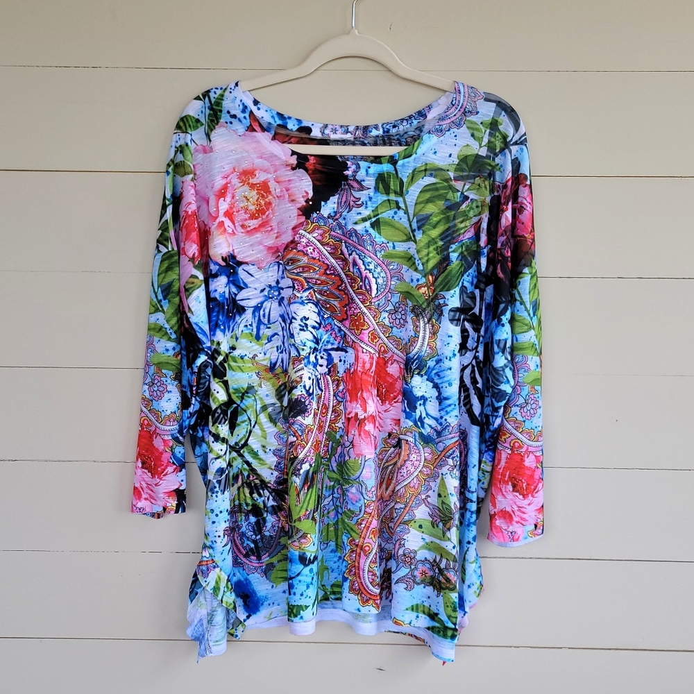 Reba MacEntire Top Women's Lg Floral Pink Rose Gem Studded Western Boho Shirt